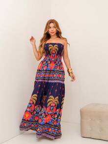 RAINBOW Strapless Long Dress Plain Printed Viscose Cheap Size 36-42 With Elastic Casual Elegant Women's For Versatile And Comfortable Looks - 65-海軍藍 - 查看 3