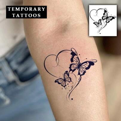 AMIFANS Temporary Tattoo Elegant Heart Butterfly, Semi Permanent Tattoo,Lasting 1-2 Weeks Tattoo, Long Lasting Tattoo, Juice Tattoo, Realistic Tattoo, Romantic Tattoo, Fake Tattoo, Waterproof, Authentic Tattoo Look, Niche Design Tattoo, Fruit Tattoo, Plant-Based Tattoo