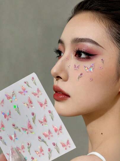 1 pieza Edición limitada de primavera Pegatina decorativa de rostro con tulipán rosa, combinada con elementos de mariposa para una estética femenina. La versión del tulipán rosa crea un look de maquillaje soñador y etéreo, adecuado para festivales de música/conciertos/actuaciones en el escenario Pegatinas de maquillaje para rostro y ojos