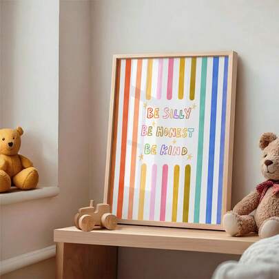 1 pieza Cuadro de arte de pared para sala de juegos de niños con estrellas de colores, con mensaje "Sé tonto, honesto y amable". Impresión en lienzo educativa y moderna. | Decoración motivacional a rayas arcoíris estilo bohemio para dormitorio, sala de estar u oficina. Póster con citas positivas para guardería, regalo para ella, sin marco, con rollo de madera colgante o enmarcado