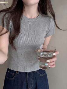 女士休闲修身纯色圆领灰色针织短袖上衣，夏季 - 淺灰色 - 查看 4