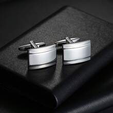 男士条纹方形铜袖扣一对 - 銀色 - 查看 7