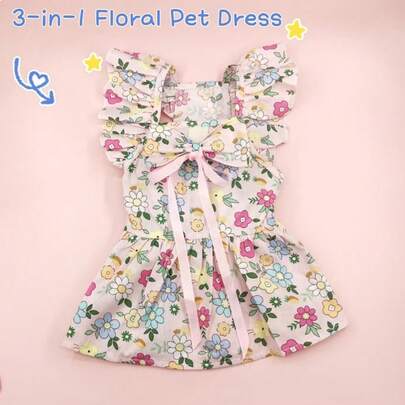 Set de 3 piezas Vestido de perro con estampado floral, corbata de moño y pinza para el cabello, ropa linda para mascotas adecuada para perros y gatos pequeños