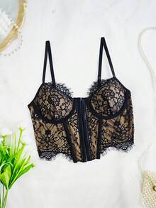 Sexy Lace Trim Cropped Camisole - Black - View 8