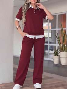 Bộ 2 món dành cho nữ, áo thun tay ngắn cổ polo và quần ống rộng cạp chun, áo polo màu đỏ tía phối cổ tương phản với quần ống rộng, thích hợp cho các hoạt động thể thao ngoài trời, tập thể dục, đi làm, mặc thường ngày vào mùa xuân và mùa hè. - Màu Đỏ Sâu - Xem 3
