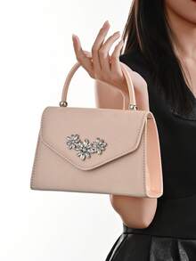 女士光滑缎面水晶花卉晚宴手拿包，奢华水钻装饰迷你手提包，配可拆卸链条肩带，女士正式婚礼派对钱包 - 香檳色 - 查看 1