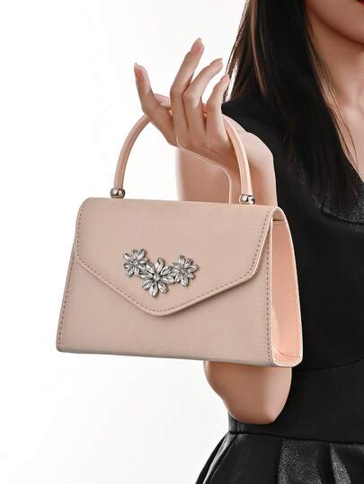 女士光滑缎面水晶花卉晚宴手拿包，奢华水钻装饰迷你手提包，配可拆卸链条肩带，女士正式婚礼派对钱包