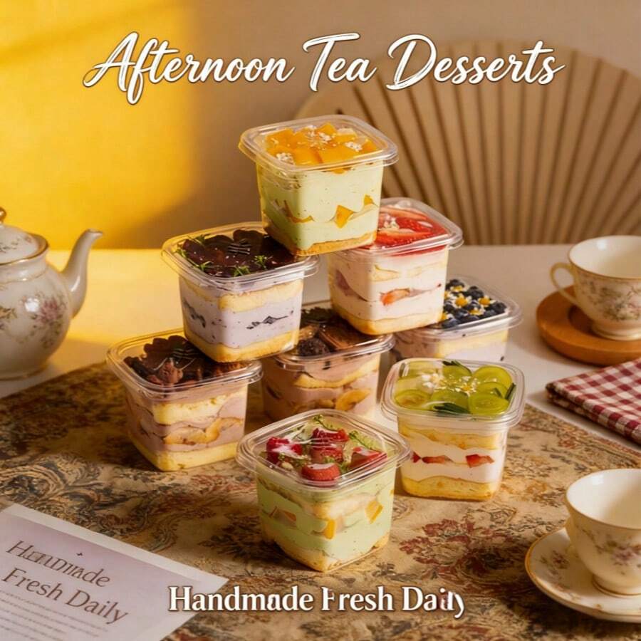 10个装可重复使用的方形甜点杯，带透明盖，透明慕斯布丁奶昔杯，耐低温易清洗餐具杯，适用于派对、野餐、咖啡馆、自助餐、芝士蛋糕、果冻等。 - 透明 - 查看 1