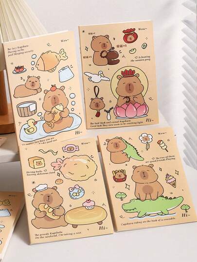 4pcs Cute Capybara Lined Notebooks, Thick A5 Cartoon Capybara Memo Pads, Student Stationery
