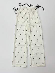 女士长款阔腿涤纶裤，纸袋腰设计，缎带蝴蝶结印花，无弹力面料 - 米色 - 查看 9