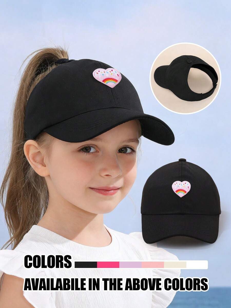 1pc Kids Ponytail Baseball Cap, Rainbow Heart Embroidery, Girls Style (Multiple Colors Available) - Heart Rainbow - View 1