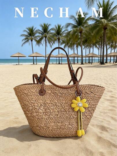 1pc Large Capacity Beach Vacation Tote Bag With Pendant, Casual Holiday Style Shoulder Bag