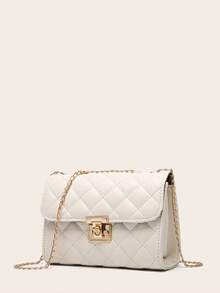 Bolso de solapa con cadena acolchada y cierre de metal - Beis - Ver 6