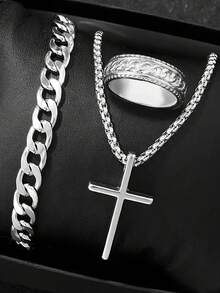 Bộ quà tặng "Phong cách công sở" 4 món của GENEVA: Gồm đồng hồ nam quartz dây thép đen bạc hiển thị chu kỳ mặt trăng, vòng tay mắt xích kiểu , dây chuyền hình thánh giá và nhẫn xoắn. Đồng hồ có mặt số đen bóng bẩy với chữ số La Mã và thiết kế ba mặt số phụ hiển thị chu kỳ mặt trăng; dây thép bạc được đánh bóng toát lên vẻ mạnh mẽ, nam tính. - Bạc - Xem 3