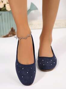 星光海军蓝绒面革水钻平底鞋，欧美风格通勤百搭尖头女式平底鞋 - 藍色 - 查看 4