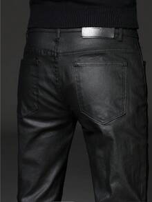 Men's New Coated Glossy Stretch PU Leather Trousers - Korean-Style Casual Slim-Fit Long Pants With Tapered Legs, Suitable For All Seasons (Height-Enhancing & Slimming Fit) - 黑色 - 查看 8