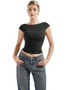 Women Y2K Sexy Backless Open Back Basic Tee Double Lined Going Out Casual Tops - 烏黑 - 查看 3