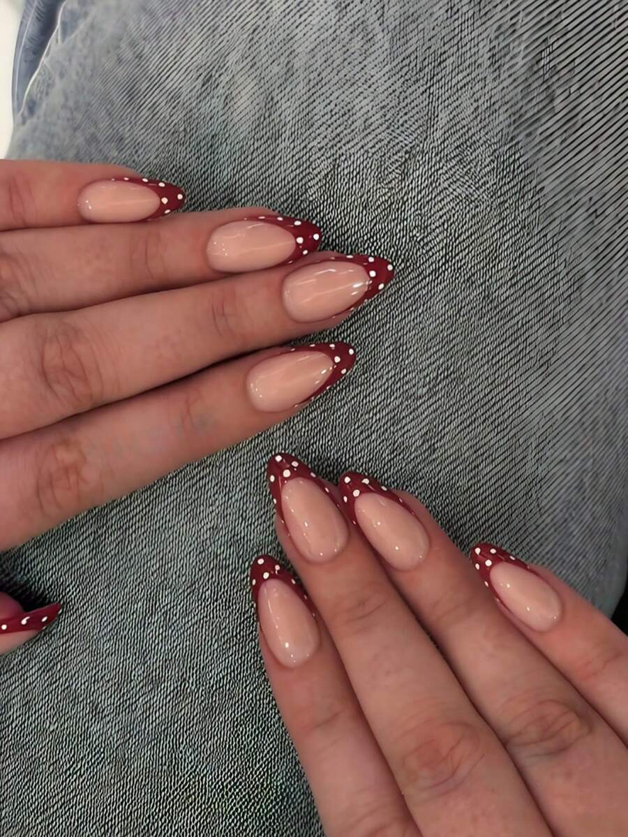 24pcs Medium Almond-Shaped Press-On Nails, Red French Polka Dot Pattern, Minimalist Style, Full Coverage, Suitable For Women & Girls Daily Wear, Autumn/Winter Fake Nails - Multicolor - View 1