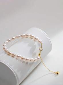 AETOLIA 1条S925纯银5-6毫米椭圆形白色天然养殖珍珠手链，配心形滑动扣，优雅婚礼串珠手链，女士款 - DSB009 - 查看 1