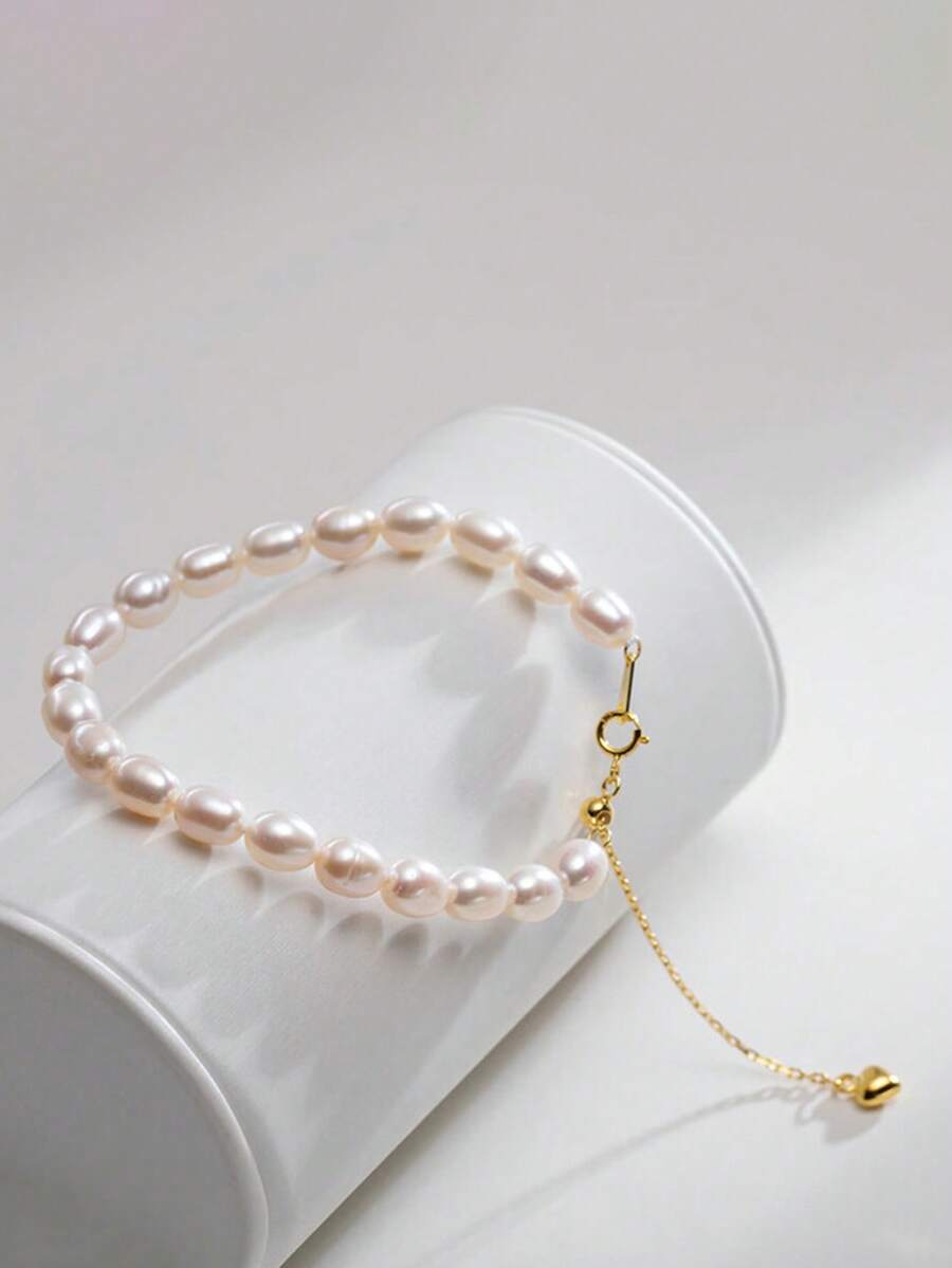 AETOLIA 1条S925纯银5-6毫米椭圆形白色天然养殖珍珠手链，配心形滑动扣，优雅婚礼串珠手链，女士款 - DSB009 - 查看 1