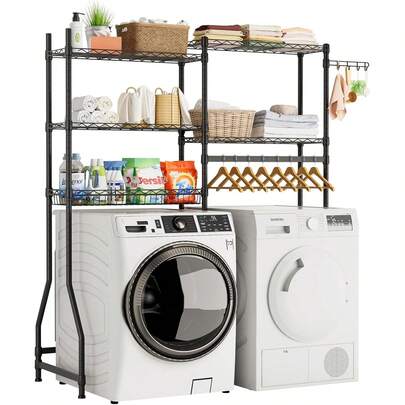 Over Washer And Dryer Shees,Heavy Duty Laundry Room Stora Organizat Clothes Drying Ra,5 Tier Adjustable Height Wire Sheing And Wire Basket With Hanr Rod&Hook,Space Saving Shelf | Heavy Duty, Clothes Drying Ra, Adjustable Height, Hanr Rod, Hook Variant 4