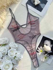 Bộ jumpsuit lưới xuyên thấu cổ chữ V sâu gợi cảm dành cho nữ, đồ lót thời trang. - Xám - Xem 4