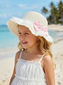 1 chiếc mũ rơm màu be gợn sóng, nơ to, màu hồng cho bé gái, mũ chống nắng mùa hè cho bé đi biển với lưới ren, phù hợp cho trẻ từ 3-8 tuổi. - 1PC - Xem 9
