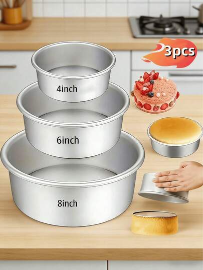 3pcs Heavy Duty Aluminum Cake Pans Set, Sizes 4/6/8 Inch, Non-Stick Round Baking Pans, Dishwasher , Oven & Freezer , Seamless & Durable With Removable Bottom, Suitable For Cheesecake, Pizza, Bread, Pudding And More, Easy Release