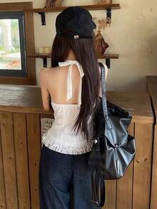 女士无袖吊带衫，法式优雅蕾丝V领吊带背心 - 白色 - 查看 2