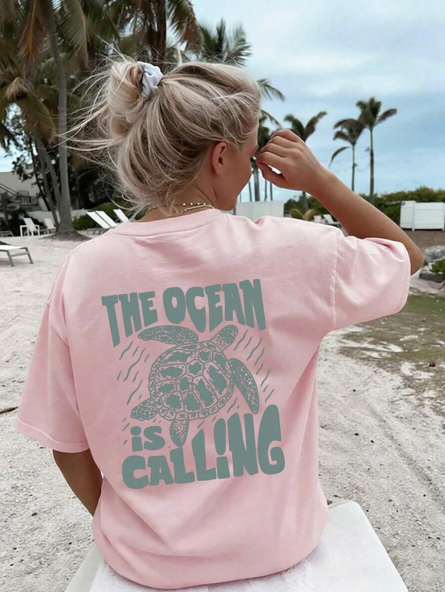 Women's Summer New Turtle Pattern And Letter Print Round-Neck Short-Sleeve T-Shirt, Casual Loose Versatile Top, Stylish Daily Wear - Baby Pink - View 1