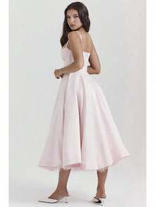 Women's Elegant Double Layered Flowy Dress, Classic Full Skirt A Line Swing Midi Gown, Lightweight Premium Casual Formal Dress, Modest Chic Party Wedding Guest Bridal Shower Evening Daily Outfit S-2XL - 粉色 - 查看 3