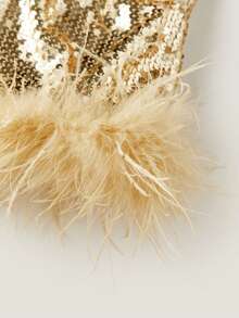 Women's Y2K Fuzzy Fluffy Halter Triangle Crop Top With Mini Skirt Two Piece Set For Party - Gold - View 9