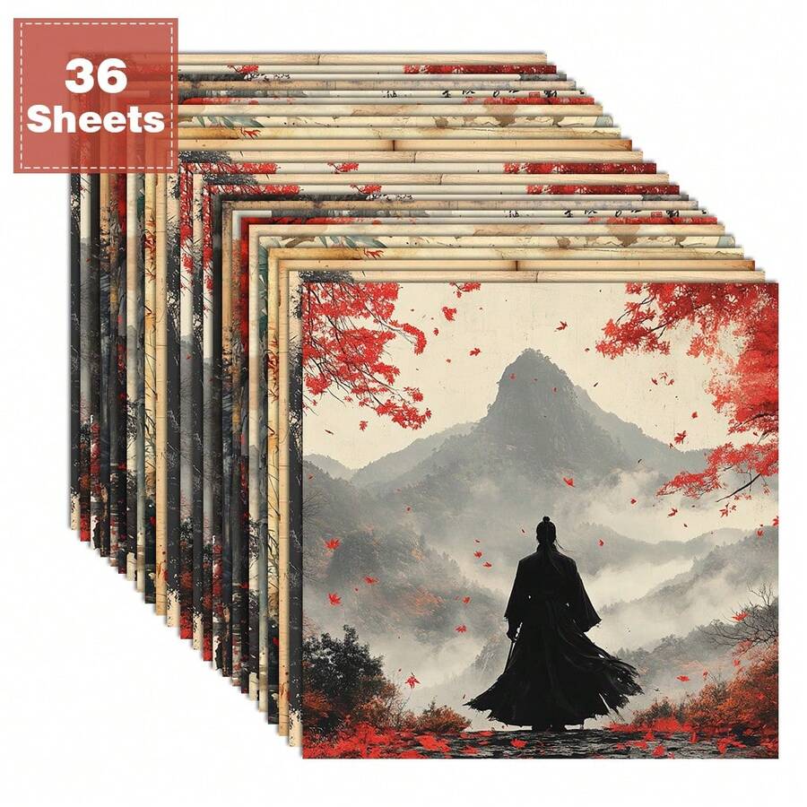 36pcs 6*6 Inch Chinese Style Martial Arts Canvas Wall Art Stickers - 2D Flat Print, Retro Ink Wash Samurai Wall Decor, Decorative Paper Suitable For Collage, Origami And Craft Projects, DIY Paper, Scrapbooking, Bullet Journals, Cards, Gift Wrapping And Home Decor - Square - View 1