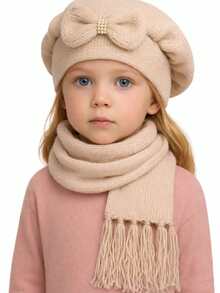 Children's Wool Beret And Scarf Set With Bow, Various Colors. - 米色 - 查看 2