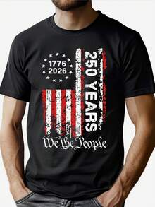 Men' 250th Anniversary USA T-Shirt - Retro American Flag Shirt Suitable For 4th Of July, 250 Years Birthday Celebration, Round Neck Casual Wear, Machine Washable Vintage Patriotic Apparel For Year-Round Comfortable American History Gift - 黑色 - 查看 1
