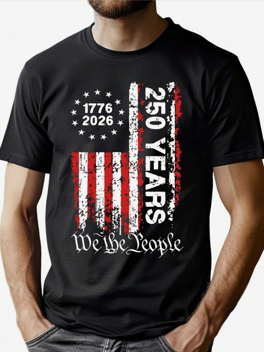 Men' 250th Anniversary USA T-Shirt - Retro American Flag Shirt Suitable For 4th Of July, 250 Years Birthday Celebration, Round Neck Casual Wear, Machine Washable Vintage Patriotic Apparel For Year-Round Comfortable American History Gift - 黑色 - 查看 1