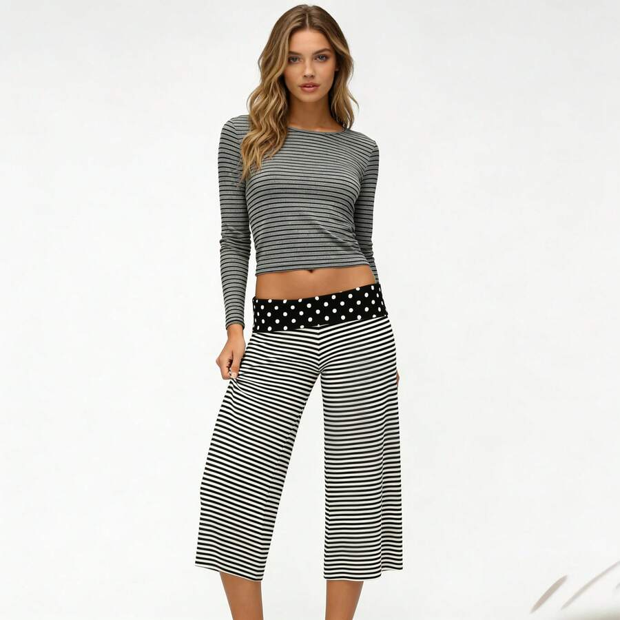 Women's Solid Fold-Over Waist Capri Pants, Casual Low Rise Wide Leg Cropped Trousers - 彩色 - 查看 1