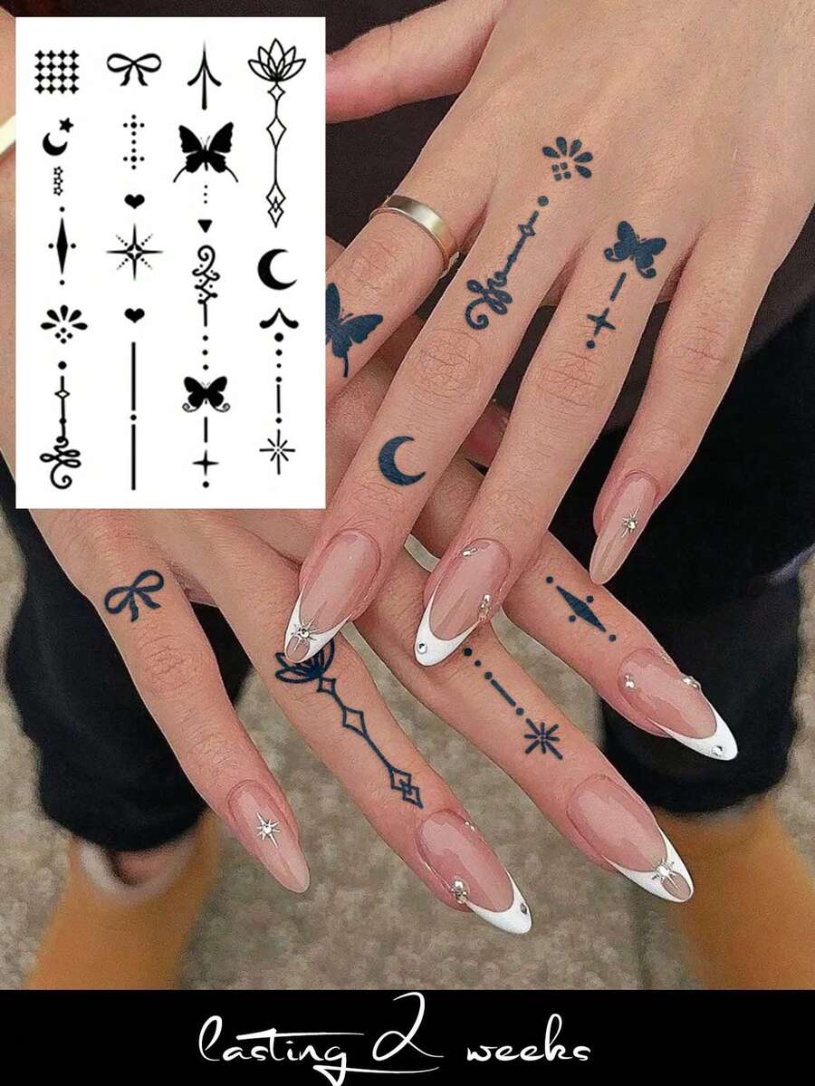 STARTTOOS 1-2周防水手指纹身贴纸，Y2K花卉星空小图案DIY手指、耳朵、肩膀、脖子、锁骨细线临时纹身