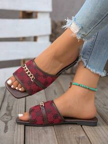 [Sandalias planas casuales] Sandalias planas casuales de verano para mujer con hebilla de cadena, punta abierta, slip-on, suela de TPR - Adecuadas para la playa - Burdeos - Ver 5