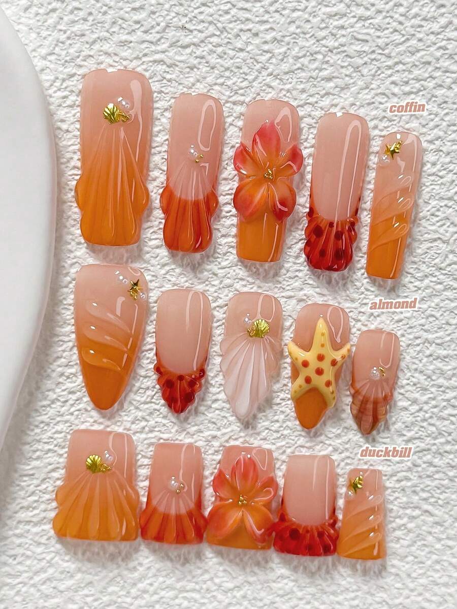 10Pcs Oceanic Fairytale Style Handmade Nail Art Set,Polygel Nail Set,Starfish, Seashells Nail Art Accessories,Includes Nail Tools,3 Sizes Available,Almond Nails , Duck Nails,Coffin Nails For Party, Dance, Daily Wear. - 彩色 - 查看 1