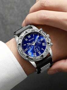 Bộ 3 món đồng hồ thạch anh nam tối giản dành cho doanh nhân, bộ phụ kiện đồng hồ thạch anh đa chức năng phong cách mạnh mẽ dành cho nam giới, bao gồm một đồng hồ thạch anh nam số La Mã với dây đeo phối màu đen và bạc, một vòng tay và dây chuyền bạc, nổi bật với sự tương phản màu xanh đen ấn tượng và thiết kế phong cách đường phố mạnh mẽ, với dây đeo da phối màu mang lại cảm giác thoải mái khi đeo. - Bạc - Xem 5