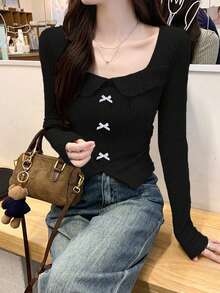 Áo thun dài tay cổ nơ kiểu Mỹ cổ điển dành cho nữ, áo crop top ôm eo tôn dáng, màu đen, thích hợp mặc mùa thu đông 2025. - màu đen - Xem 3