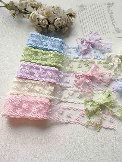 [Lace Ribbon For Weddings] 1 Yard (1-Meter) Handmade-Look Lace Ribbon With Ruffled Edges & Bow - Pastel & Soft Colors (, Mint Green, Lavender, Pink,) - Fabric Ribbon For Wedding Dresses, Gift Wrapping, Hair, Showers