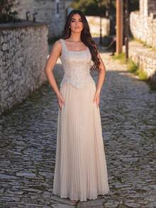 Faeriesty 香槟色亮片宽肩带褶皱连衣裙，高端浪漫正式晚礼服，优雅闪亮设计，精致高贵，适合婚礼、婚纱照、周年庆典、正式晚宴、花园派对等春季场合。 - 香檳色 - 查看 3