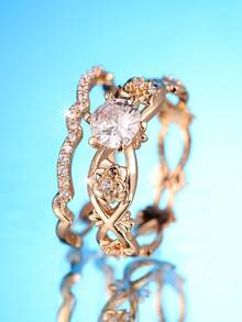 两件套，优雅圆形切割白色合成锆石和玫瑰花设计14K镀金戒指，适合情人节、派对、日常佩戴，四季皆宜。 - 白色 - 查看 2