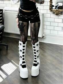 Women's White Platform Spider Web Gothic Knee High Boots Round Toe Fashionable Sexy Current Motorcycle Party Winter Fall Shoes For Women - 白色 - 查看 1