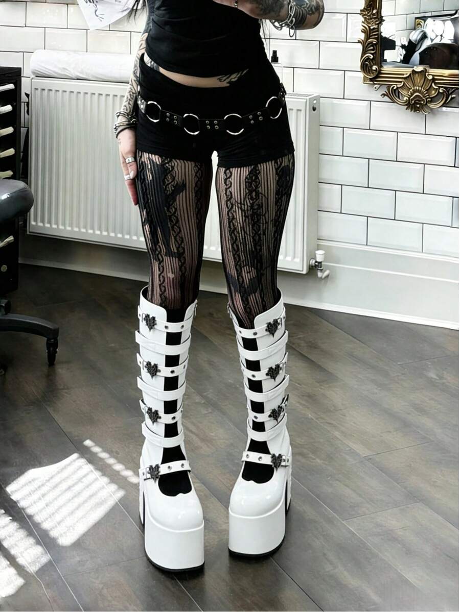 Women's White Platform Spider Web Gothic Knee High Boots Round Toe Fashionable Sexy Current Motorcycle Party Winter Fall Shoes For Women - 白色 - 查看 1