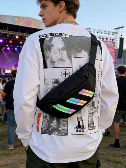 男士霓虹彩虹反光条斜挎胸包，休闲尼龙单肩腰包，适合户外运动