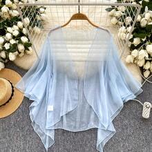 French Style Solid Color Mesh Cardigan Summer Loose Slim Sweet Shawl-Conditioning Top - 白色 - 查看 9