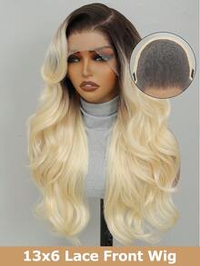 13x6 耐热合成波浪假发，预拔发际线，24 英寸黑色合成发，预拔自然发际线，高品质柔软合成假发，适合日常佩戴、角色扮演、圣诞节、新年、音乐节等场合。 - 彩色 - 查看 13